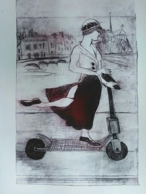 A trottinette - Gravure sur Tetra Pak de Michel Haulard La Brière